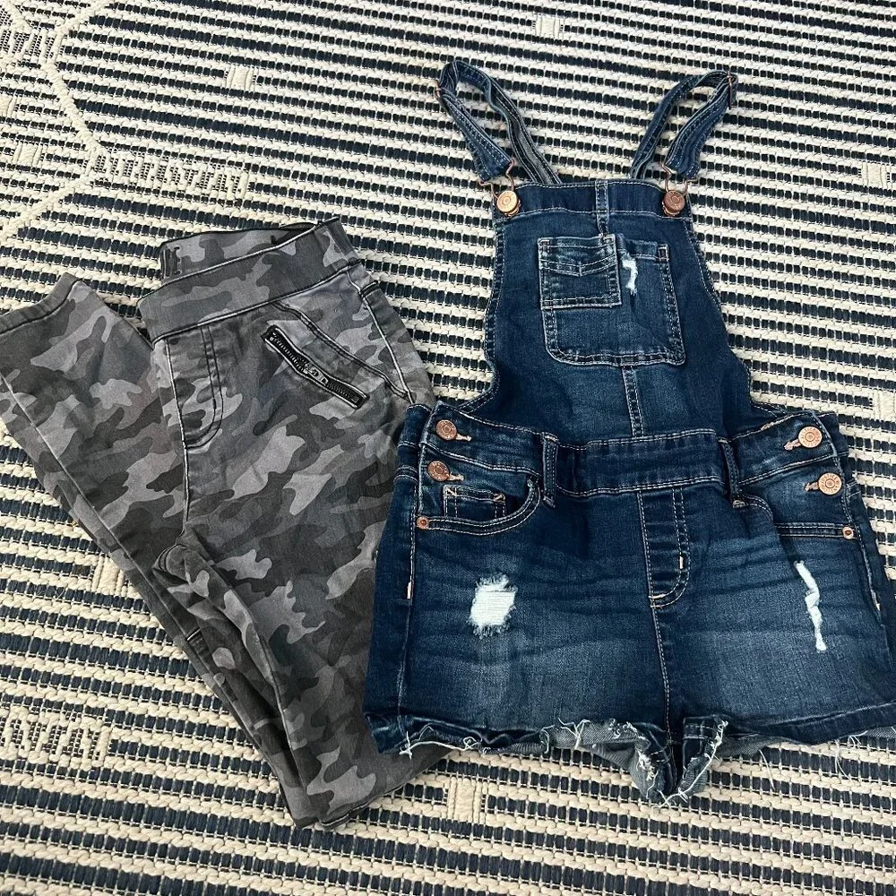 Justice Girls Size 12 Camo Jeans & Blue Overall Shorts